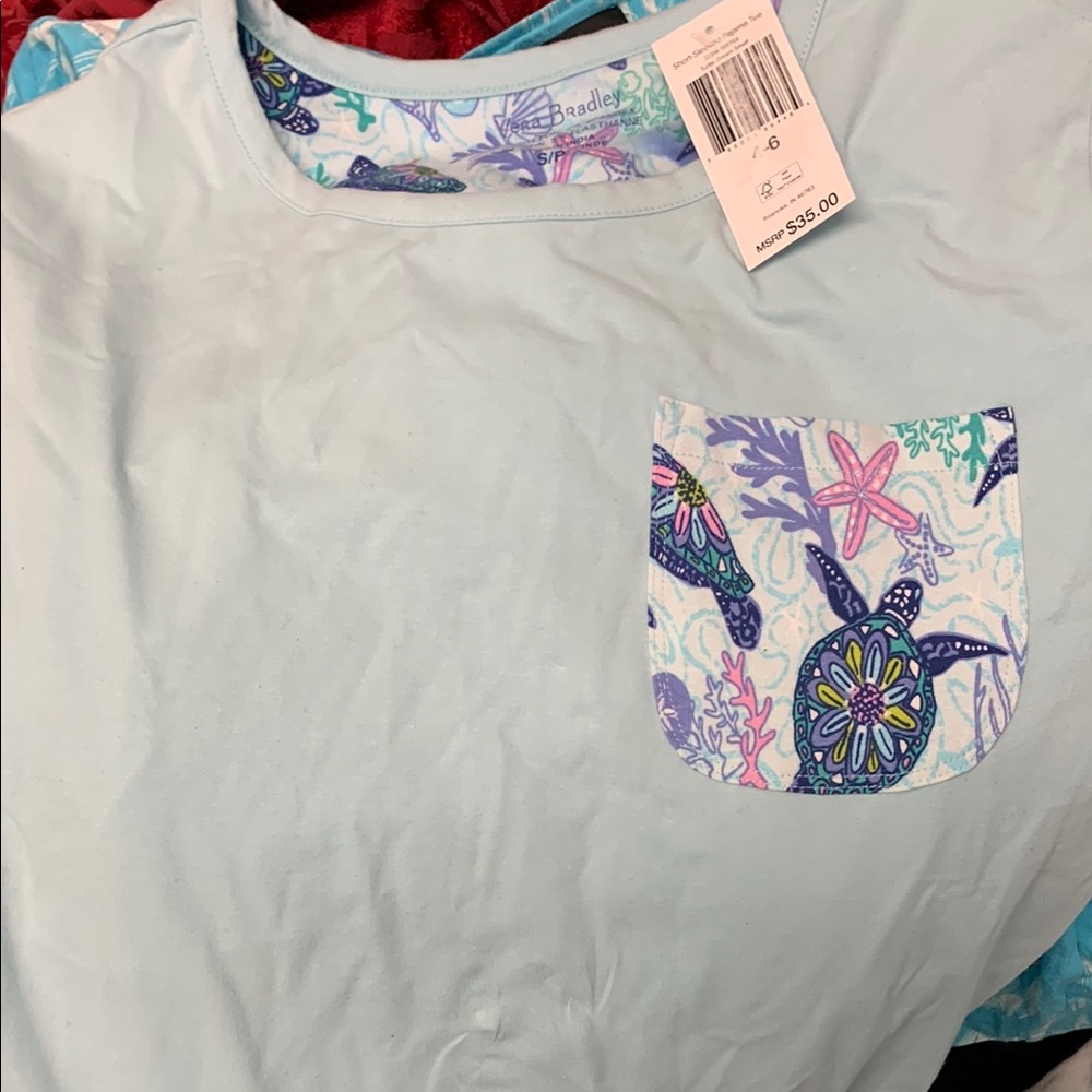 Vera Bradley Light Blue  aqua Pajama Top with Sea Turtle Pocket